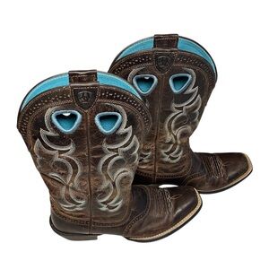 Ariat Womens Square Toe Western Rawhide Brown Leather & Turquoise Boots / 6.5 B